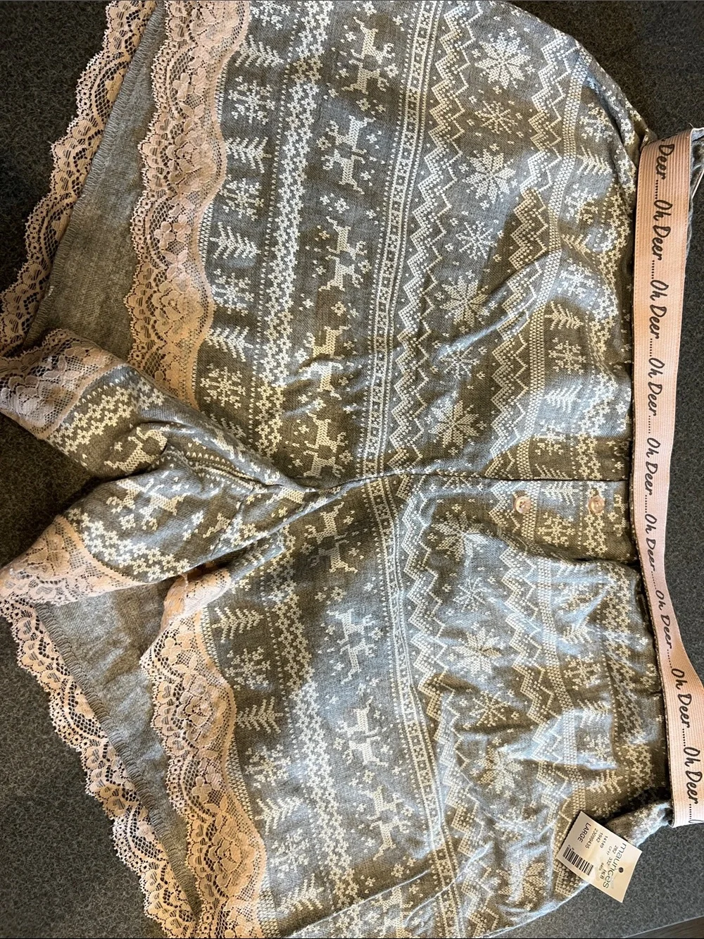 NWT Maurices Gray Fair Isle Sleep Shorts with Pink Lace Trim